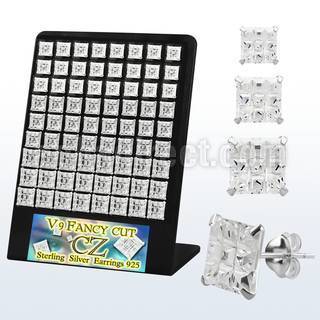 brsqv9 board of silver ear studs with clear prong set cz