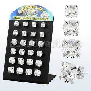 brssqf silver ear stud w prong square checkered cut cz stone