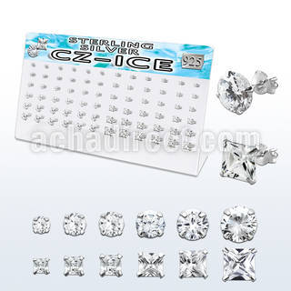 brzm36a silver earring stud with prong round square clear cz