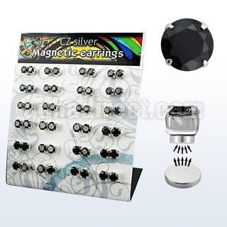 brzmgb silver magnetic ear stud w prong black round cz stone
