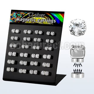 brzmgc silver magnetic ear stud prong clear round cz stone