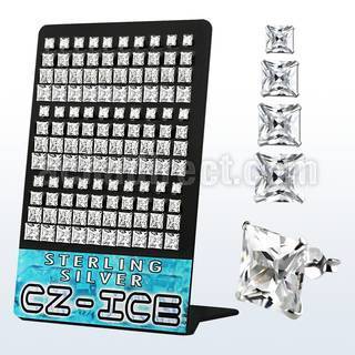 brzsqg silver earring stud with clear prong set square cz stone