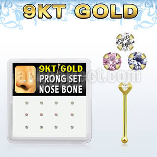 d9gnb2 9kt gold nose bone w assorted colored prong cz stone