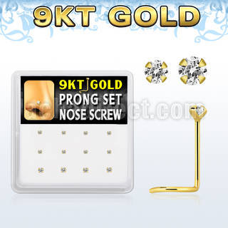 d9gsc11 box w 12 pcs of 9kt gold nose screw w 1.5 2mm clear cz