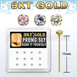 d9gys17 9kt gold bend it nose stud w 2mm round mixed cz