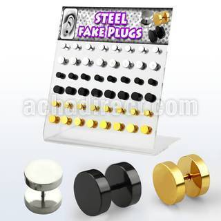 dacb105 polished and black gold anodized 316l steel fake plugs