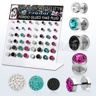 dacb134 board of 48 steel fake plugs w ferido swarovski crystals