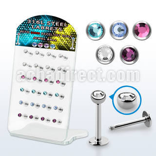 dacb172 display w 24 pcs. steel labrets w a 3mm half jewel ball