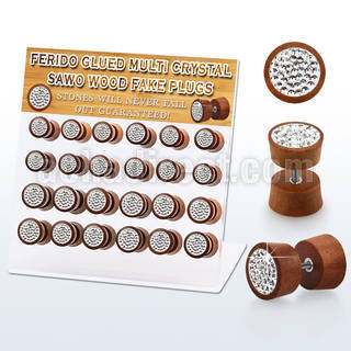 dacb184 display w 24 pc of sawo wood fake plugs w multi crystals