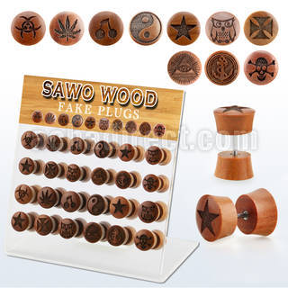 dacb218 display acrilico 24 plugs falsos madera sawo variados barra acero quirurgico logos rayados laser 8mm 10mm mayorista