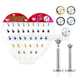 dacb65 board of 316l steel labret with flat crystal top