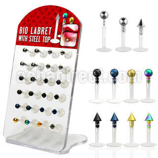 dacb74 pequeno display 24 labrets bio flexibles bolas conos acero quirurgico anodizado 3mm 8mm venta