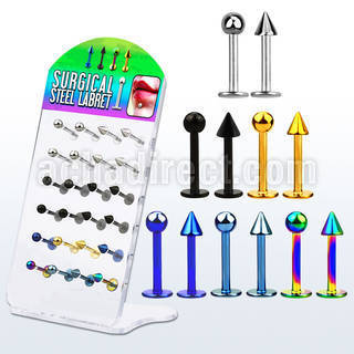 dacb75 board of plain anodized 316l labret with balls cones