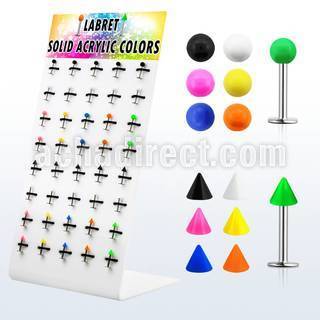 dbjmx8 display 40 labrets acero quirurgico bolas conos acrilicos 3mm colores solidos 8mm distribuidor mayorista