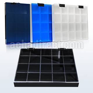 dcs20p vitrina acrilica vacia negra blanca piercings 20 compartimentos 3 2cm x 3 2cm. cubierta clara azul claro distribuidor mayorista