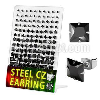deqzg2 316l steel ear stud w black square prong cz stone