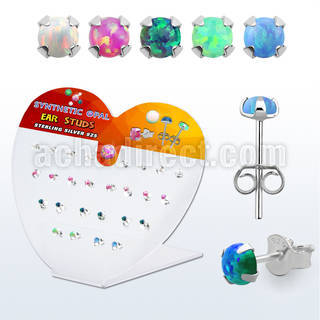 devpo25 display silver ear studs w prong set synthetic opal top