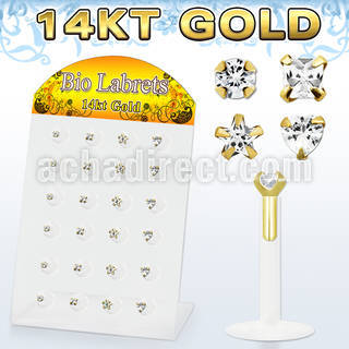 dgbimc bioflex labret w push in 14kt gold top with prong cz