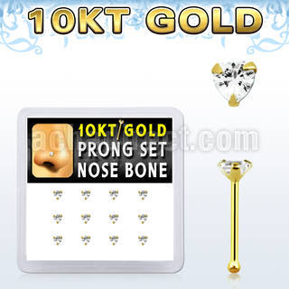 dginb3 10kt gold nose bone with 3mm prong clear cz heart