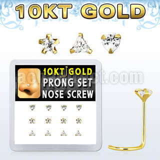 dgisc9 box w 12 pcs of 10kt gold nose screw w clear assorted cz