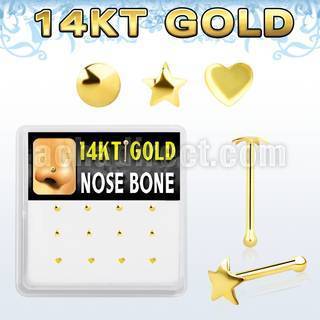 dgnb10 14kt gold nose bone with star heart and disc gold tops