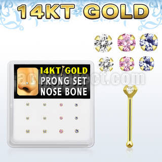 dgnb12 box w 14kt gold nose bones w 1 5 2 mm round cz tops