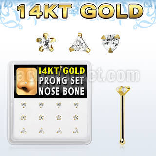 dgnb20 box w 14kt gold nose bones w 3mm cz in mixed shapes