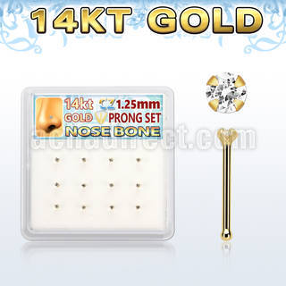 dgnb22 box w 12 pcs. of 14kt gold nose bones w 1.25mm clear cz 