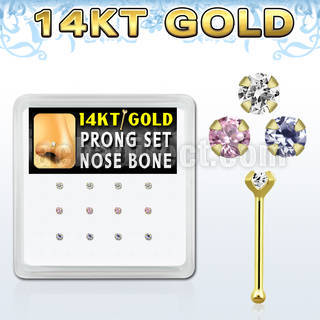 dgnb2 14kt gold nose bone with prong round cz stone