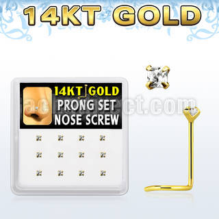 dgsc6 box w 12 pc of 14k gold nose screw w 2mm square clear cz