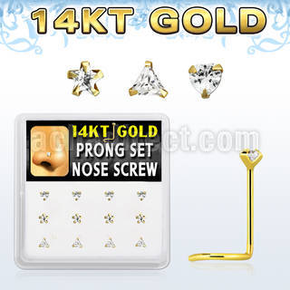 dgsc9 box w 12 pcs of 14kt gold nose screw w clear assorted cz