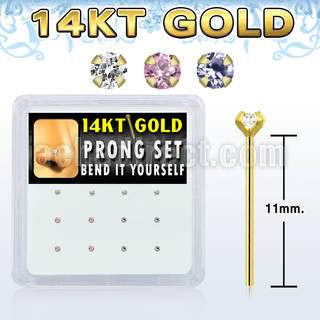 dgys4 box w 14kt gold bend it nose studs w prong set 1.5mm cz 
