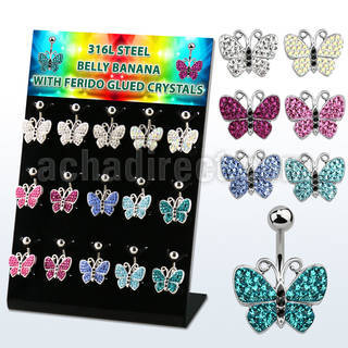 dmix15b display 15 piercings ombligo acero 316l mariposas multi cristal ferido 10mm distribuidor mayorista