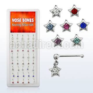 dnbdm2 silver nose bones with dangling star w crystal in colors