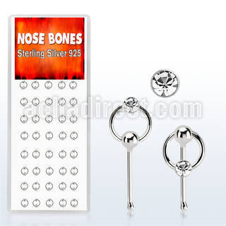 dnbrc1 box of silver nose bones w clear crystal on slave hoop