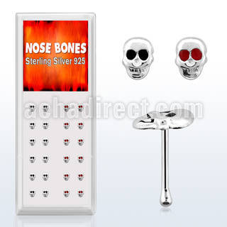 dnbskm box of silver nose bones with skull top with resin eyes