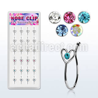 dncl4 box w 24 silver fake nose clips w heart w crystal