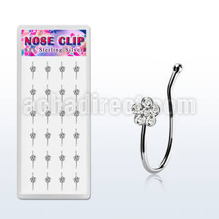 dncl9c box w 24 silver fake nose clips w clear crystal flower