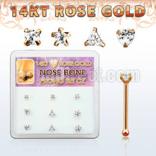 drnb13 box w 9 14kt rose gold nose bones cz in mix shapes