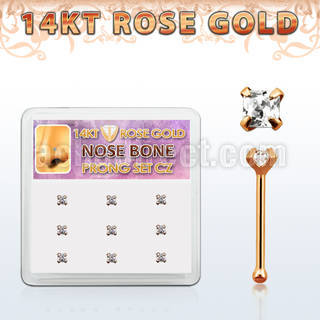 drnb19 box w 9 14kt rose gold nose bones w 2mm square cz stones