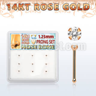 drnb26 box w 14kt rose gold nose bones w 1.25mm clear round cz 
