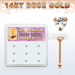 drnb3 box w 9 14kt rose gold nose bones w heart shaped cz