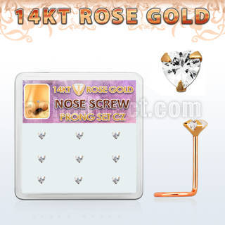 drsc18 box w 9 14kt rose gold nose screw w heart shaped czs
