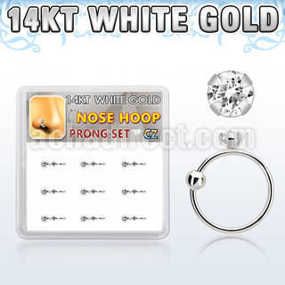 dw14nh5 box w 14kt white gold nose hoop w a 2mm clear cz stone