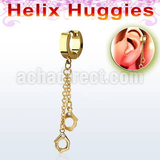 ehg652 gold steel helix huggie w dangling anodized handcuffs