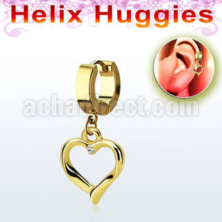 ehg666 gold steel helix huggie w dangling heart w small crystal
