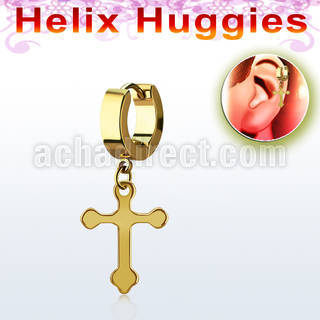 ehgcro gold stainless steel helix huggie w dangling steel cross
