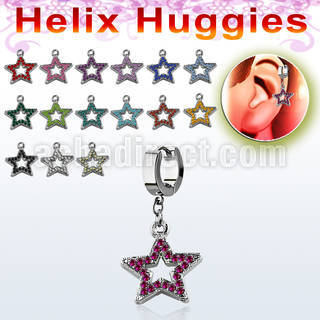 ehh488 steel helix huggie w crystal studded star
