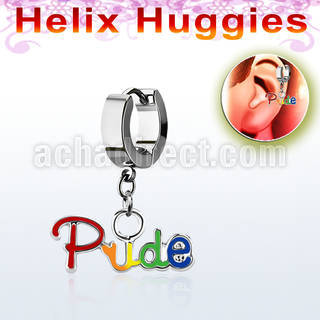 ehh648 helix huggie w a dangling gay pride slogan