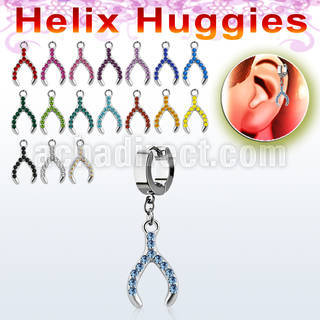 ehh669 steel helix huggie w crystal studded wish bone design 